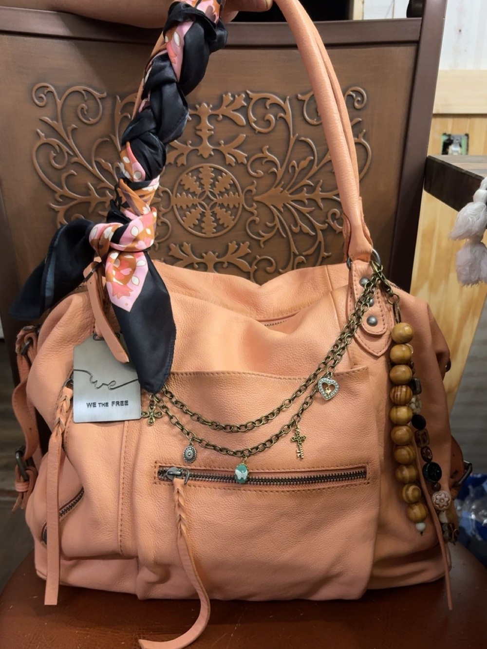Free People Emerson Bag in Apricot with Charm Chains and Scarf